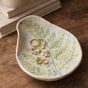 Vintage Fern Leaf Ceramic Dish | Hand Painted Botanical Tray Cottage Decor